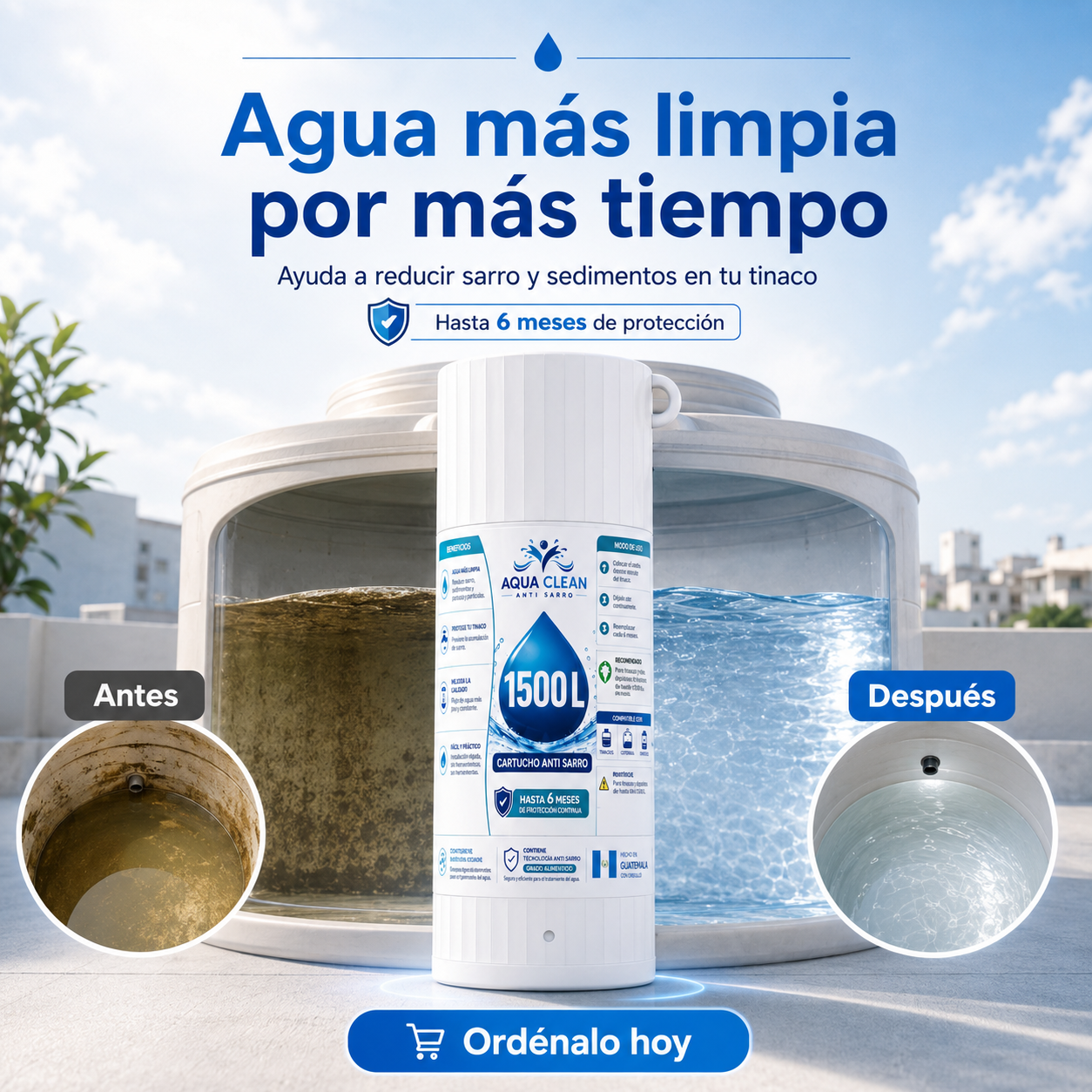 Aqua Clean™ — Agua Limpia en su Tinaco por 6 Meses