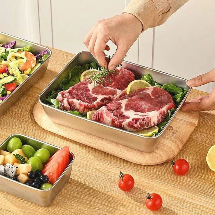 Cajas para la conservación de alimentos, bandeja rectangular de acero inoxidable SUS304 (25x20x5cm)