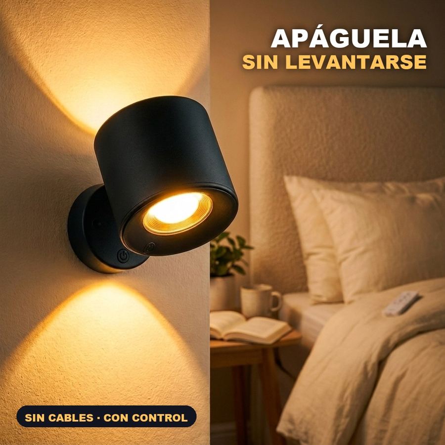 Lámpara de pared recargable 360 con control remoto junto a la cama