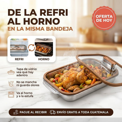 Bandeja de acero inoxidable con tapa de vidrio