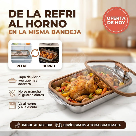 Bandeja de acero inoxidable con tapa de vidrio